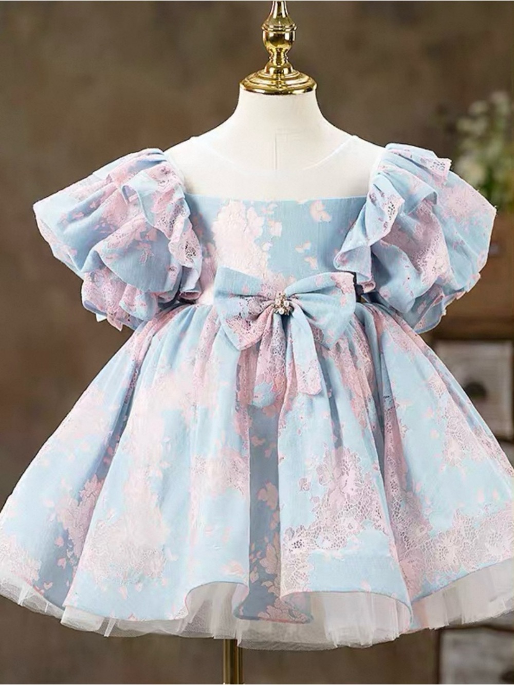 Blue and Pink Lace Bow Party Dress for Girls